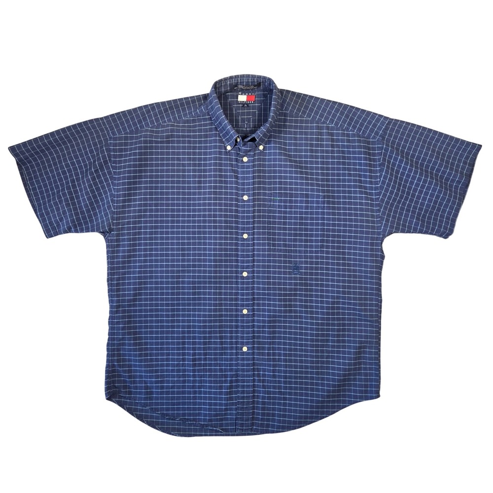 Y2k Tommy Hilfiger Mens L Blue Windowpane Check Short Sleeve Button Down‎ Shirt